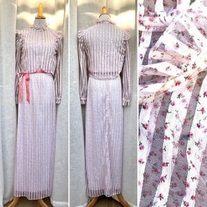 Romantic 1960 Prairie Style Floral Maxi Dress with a ruffled jacket